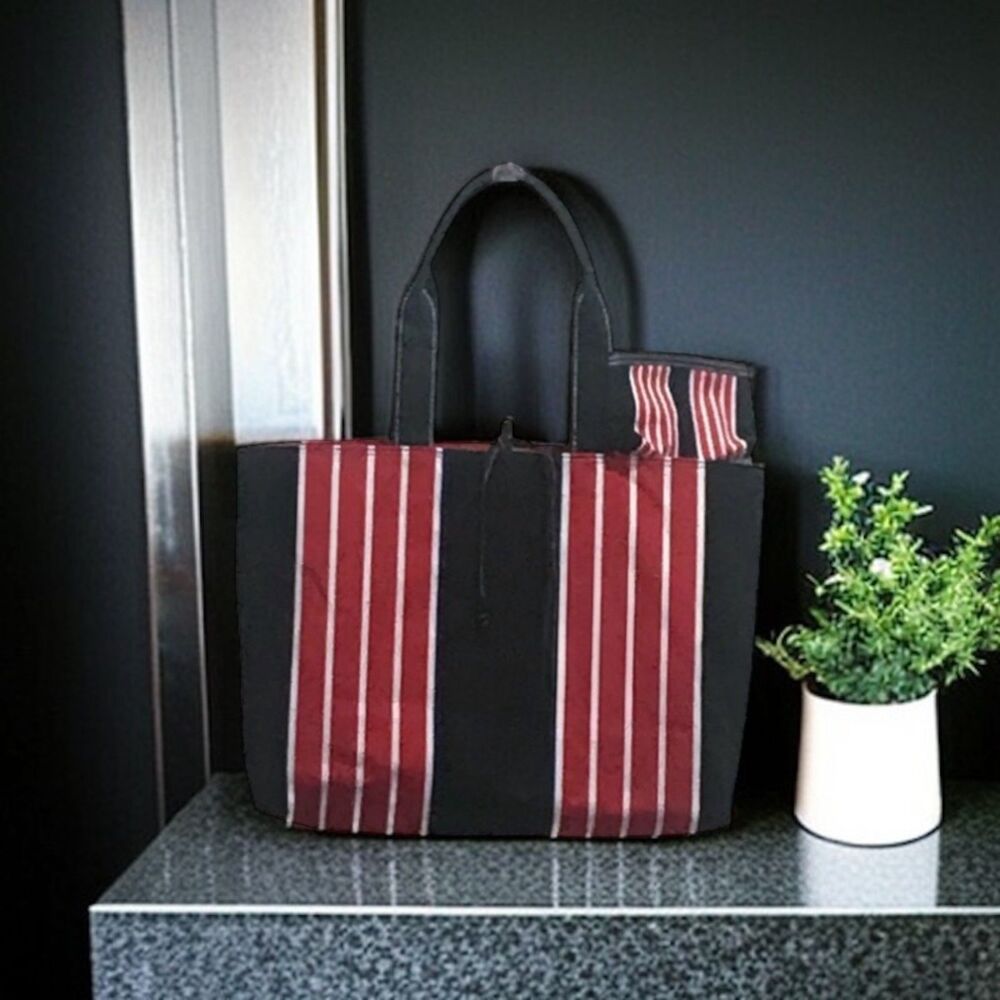 Striped Canvas Tote and Coin Purse Set Black Red White Beach New